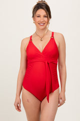 Red Crossover V-Neck Sash Tie Ruched Maternity Swimsuit