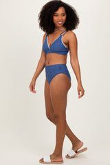 Blue Crochet Detail Double Strap Bikini Set