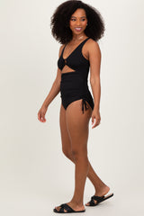 Black Ribbed O-Ring Cutout Tie Side Swimsuit