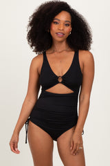 Black Ribbed O-Ring Cutout Tie Side Swimsuit