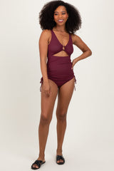 Plum Ribbed O-Ring Cutout Tie Side Swimsuit