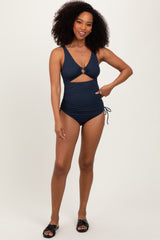 Navy Ribbed O-Ring Cutout Tie Side Swimsuit