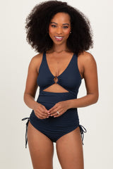 Navy Ribbed O-Ring Cutout Tie Side Swimsuit