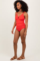 Red Ribbed Split Neckline Swimsuit