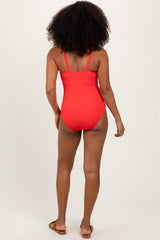 Red Ribbed Split Neckline Swimsuit