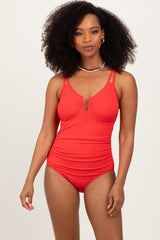 Red Ribbed Split Neckline Swimsuit