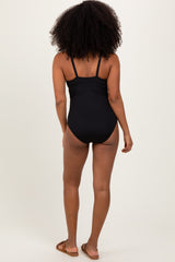 Black Ribbed Split Neckline Swimsuit