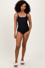 Black Embroidered Trim Back Cutout One Piece Swimsuit