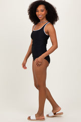 Black Embroidered Trim Back Cutout One Piece Swimsuit