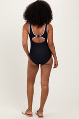 Black Embroidered Trim Back Cutout One Piece Swimsuit