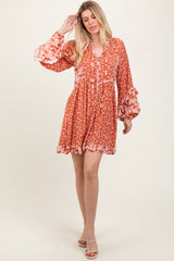 Rust Mixed Floral Tie Front Ruffle Accent Dress