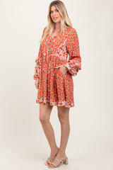 Rust Mixed Floral Tie Front Ruffle Accent Dress