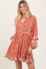 Rust Mixed Floral Tie Front Ruffle Accent Dress