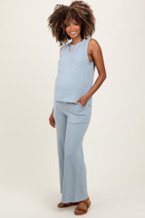 Light Blue Slub Knit Maternity Pants Set