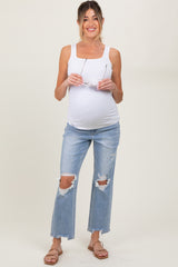 Light Blue Distressed Cutout Maternity Straight Leg Ankle Jeans