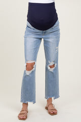 Light Blue Distressed Cutout Maternity Straight Leg Ankle Jeans