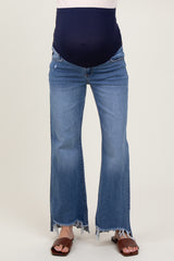 Blue Distressed Fringe Hi-Lo Hem Cropped Flare Maternity Jeans