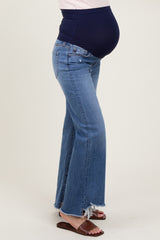 Blue Distressed Fringe Hi-Lo Hem Cropped Flare Maternity Jeans