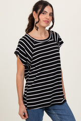 Black Stripe Ribbed Short Sleeve Tunic Top