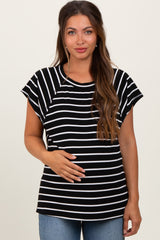 Black Stripe Ribbed Short Sleeve Maternity Tunic Top