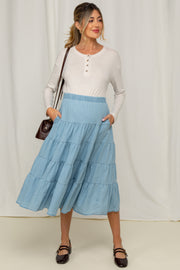 Light Blue Tiered Elastic Maternity Midi Skirt