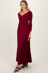 Burgundy Wrap Front Empire Waist Maxi Dress