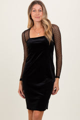 Black Velvet Embroidered Mesh Sleeve Maternity Dress