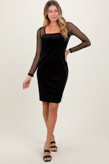 Black Velvet Embroidered Mesh Sleeve Dress