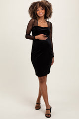 Black Velvet Embroidered Mesh Sleeve Maternity Dress