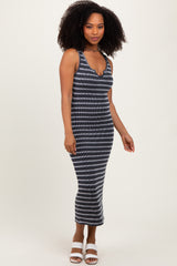 Charcoal Stripe Ribbed Sleeveless V Neck Maxi Dress