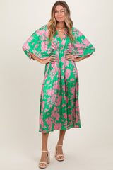 Green Floral Satin Pleated V-Neck Maxi Dress