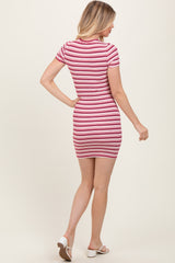 Burgundy Striped Ribbed Split Hem Mini Dress