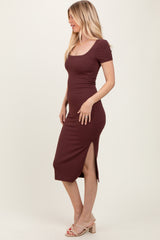 Burgundy Ribbed Short Sleeve Side Slit Midi Dress