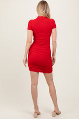 Red Ribbed Ruched Short Sleeve Dress