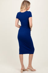 Royal Blue Ribbed Short Sleeve Side Slit Midi Dress