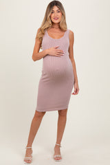 Mauve Ribbed Fitted Sleeveless Maternity Dress