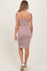 Mauve Ribbed Fitted Sleeveless Maternity Dress