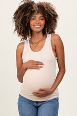 Taupe Round Neckline Crochet Trim Detail Ribbed Maternity Tank Top