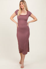 Burgundy Striped Short Sleeve Side Slit Maxi Dress