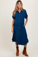 Navy Button Down Front Pocket Maternity Midi Dress