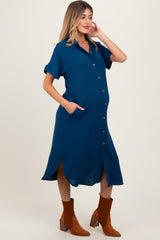 Navy Button Down Front Pocket Maternity Midi Dress