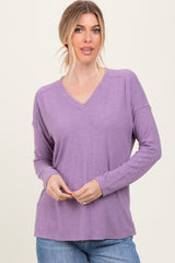 Lavender Basic V-Neck Long Sleeve Brushed Knit Top