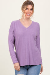 Lavender Basic V-Neck Long Sleeve Brushed Knit Top