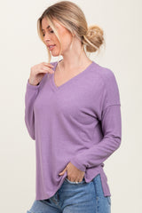 Lavender Basic V-Neck Long Sleeve Brushed Knit Top