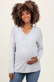 Heather Grey Basic V-Neck Long Sleeve Brushed Knit Maternity Top