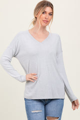 Heather Grey Basic V-Neck Long Sleeve Brushed Knit Top