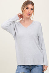 Heather Grey Basic V-Neck Long Sleeve Brushed Knit Top