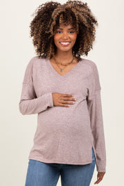 Beige Basic V-Neck Long Sleeve Brushed Knit Maternity Top