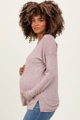 Beige Basic V-Neck Long Sleeve Brushed Knit Maternity Top