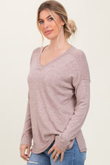 Beige Basic V-Neck Long Sleeve Brushed Knit Top